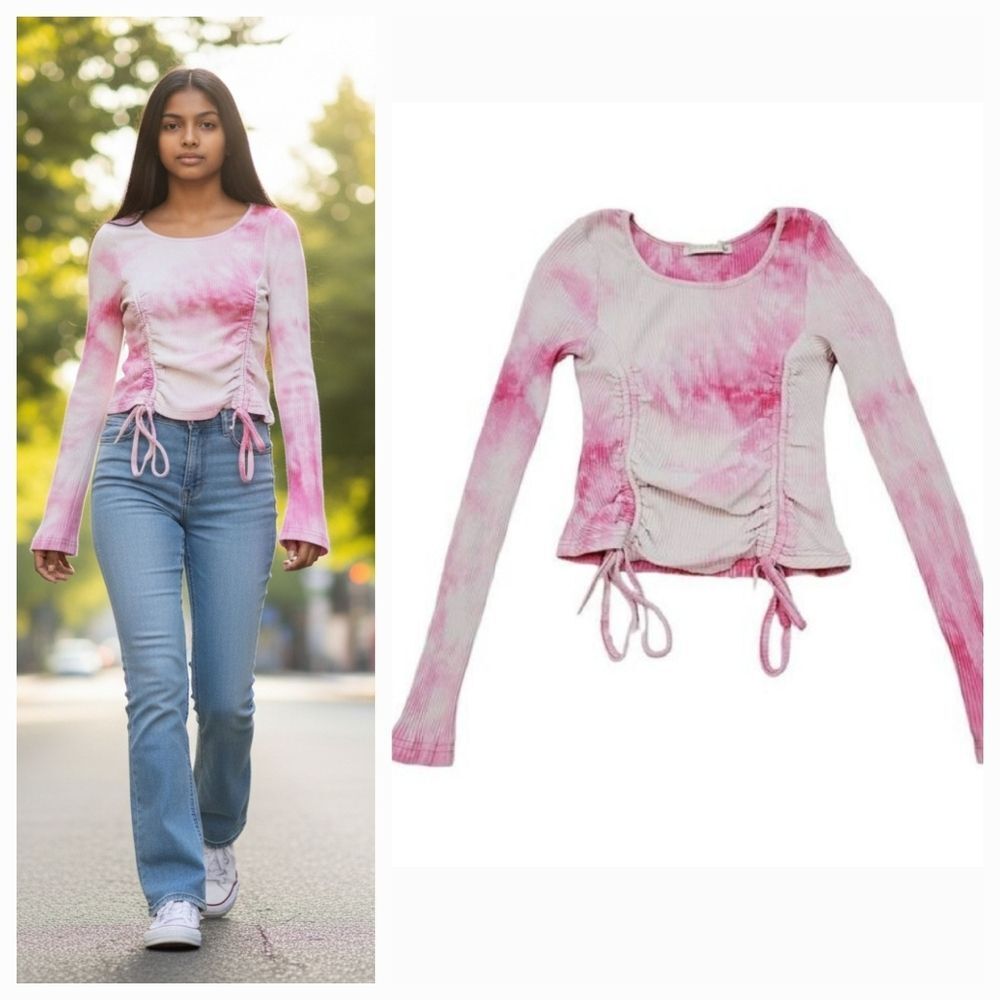 O. Vianca Ribbed Ruched Drawstring Longsleeve Crop Top in Pink Tie Dye Size S